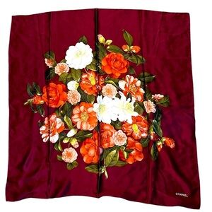 CHANEL Luxury Designer Burgundy Silk Floral Scarf w/ Rolled Edges